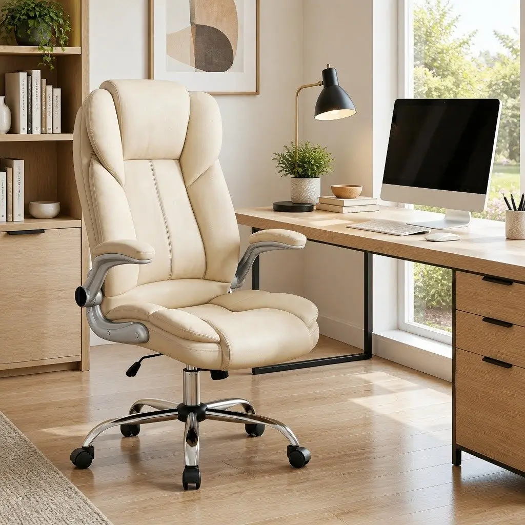Beige High Back Executive Office Chair with Chrome Base