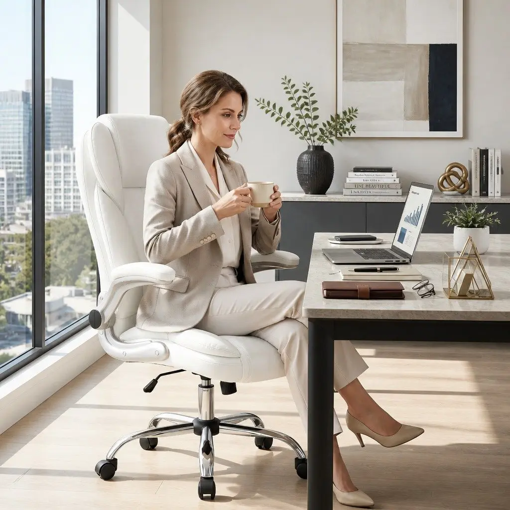 High Back White Leather Office Chair