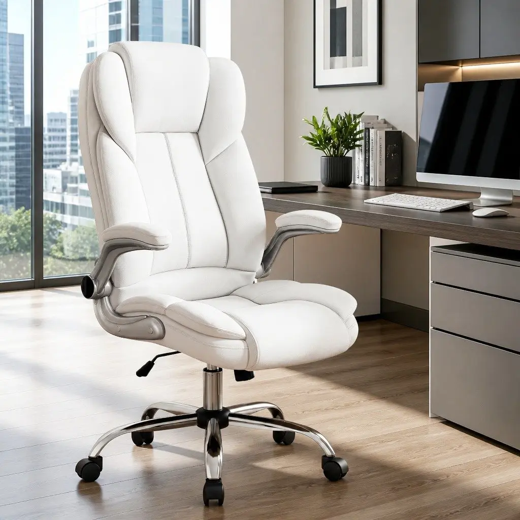 High Back White Leather Office Chair