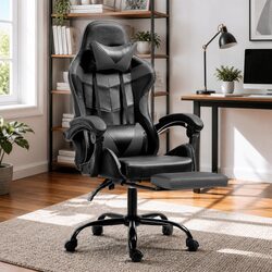 Gaming Office Chair Executive Computer Leather Footrest Recliner Black Grey