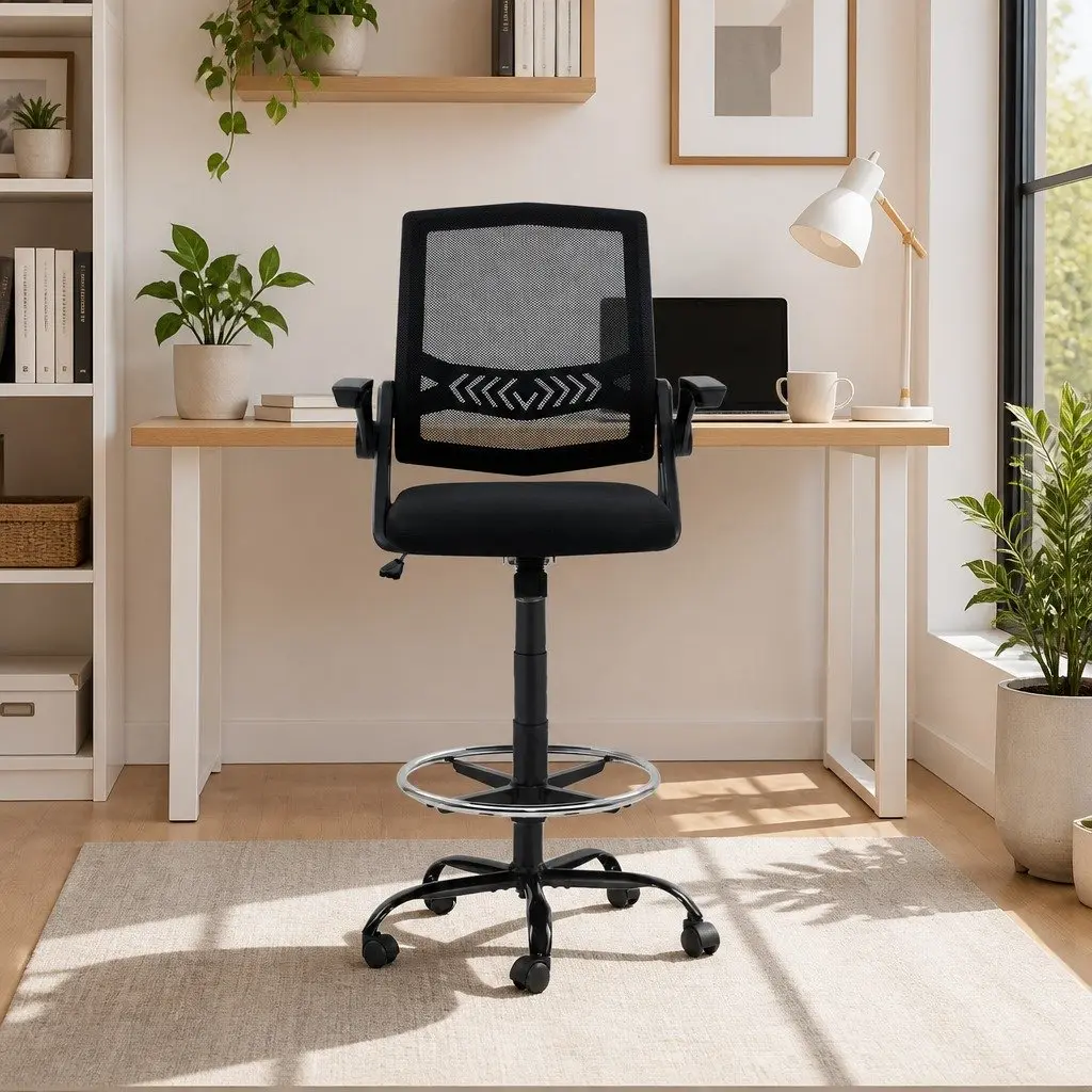 Drafting Stool with Adjustable Height and Chrome Footrest