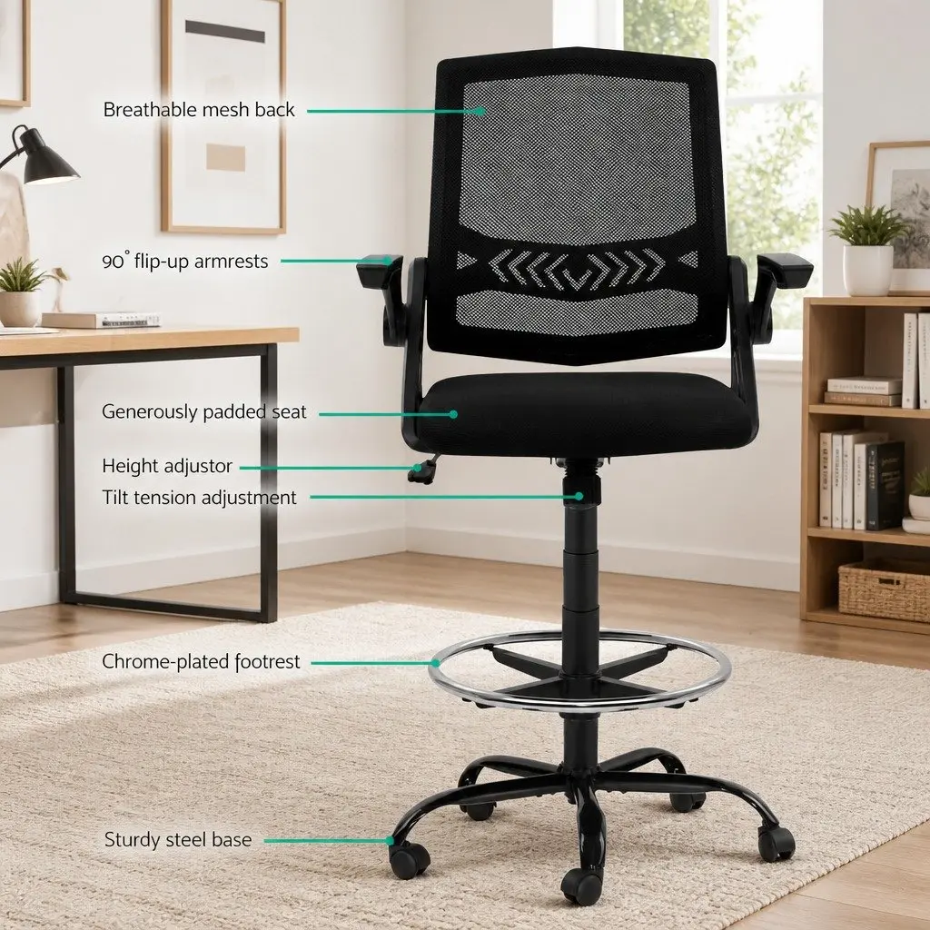 Drafting Stool with Adjustable Height and Chrome Footrest