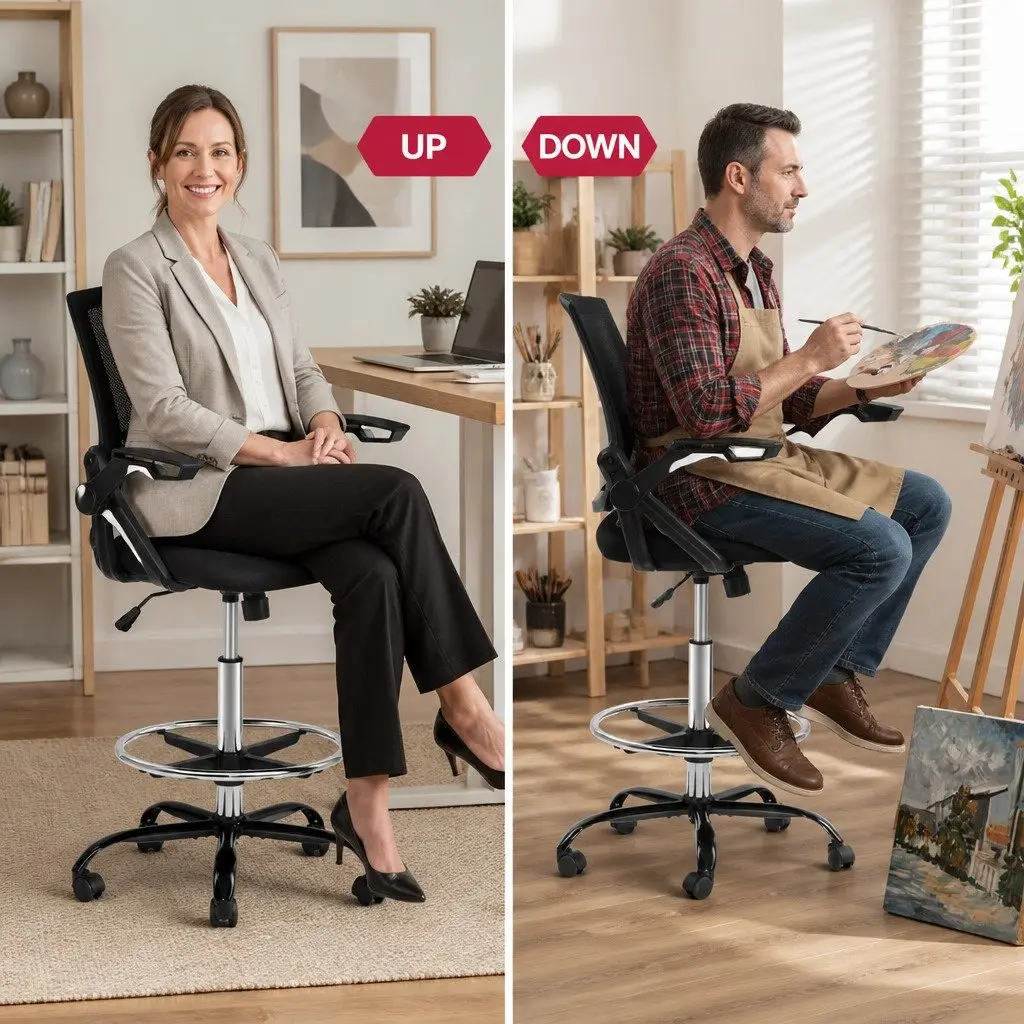 Drafting Stool with Adjustable Height and Chrome Footrest