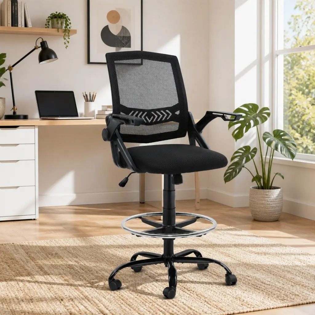 Drafting Stool with Adjustable Height and Chrome Footrest