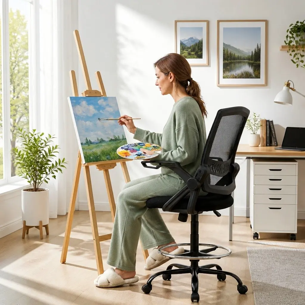 Drafting Stool with Adjustable Height and Chrome Footrest