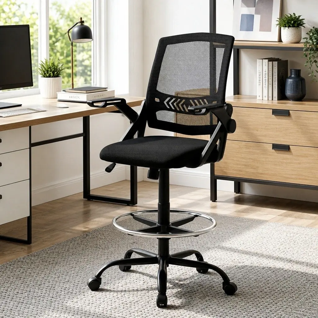 Drafting Stool with Adjustable Height and Chrome Footrest