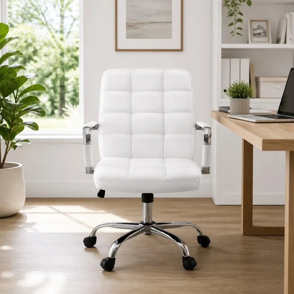 Office Chair White PU Leather Mid-Back Ergonomic Desk Seat