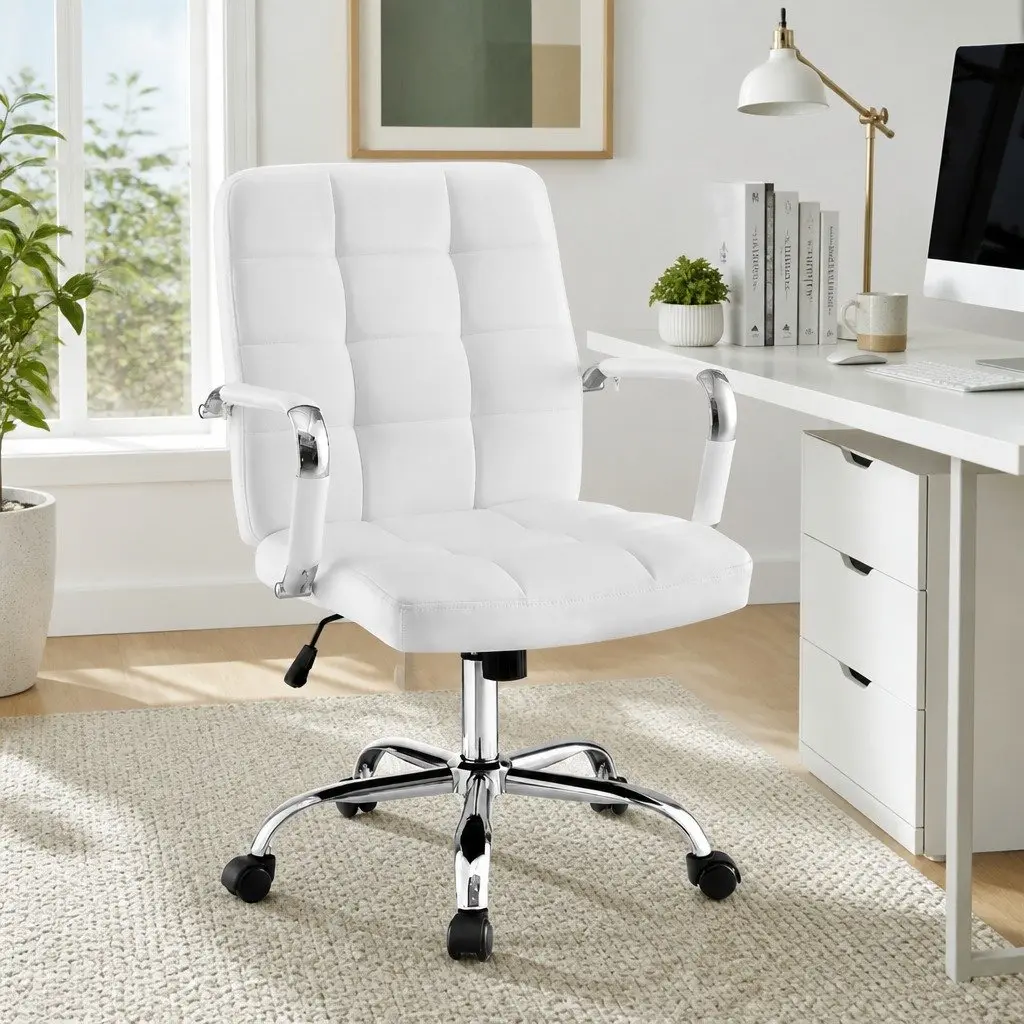 Office Chair White PU Leather Mid-Back Ergonomic Desk Seat