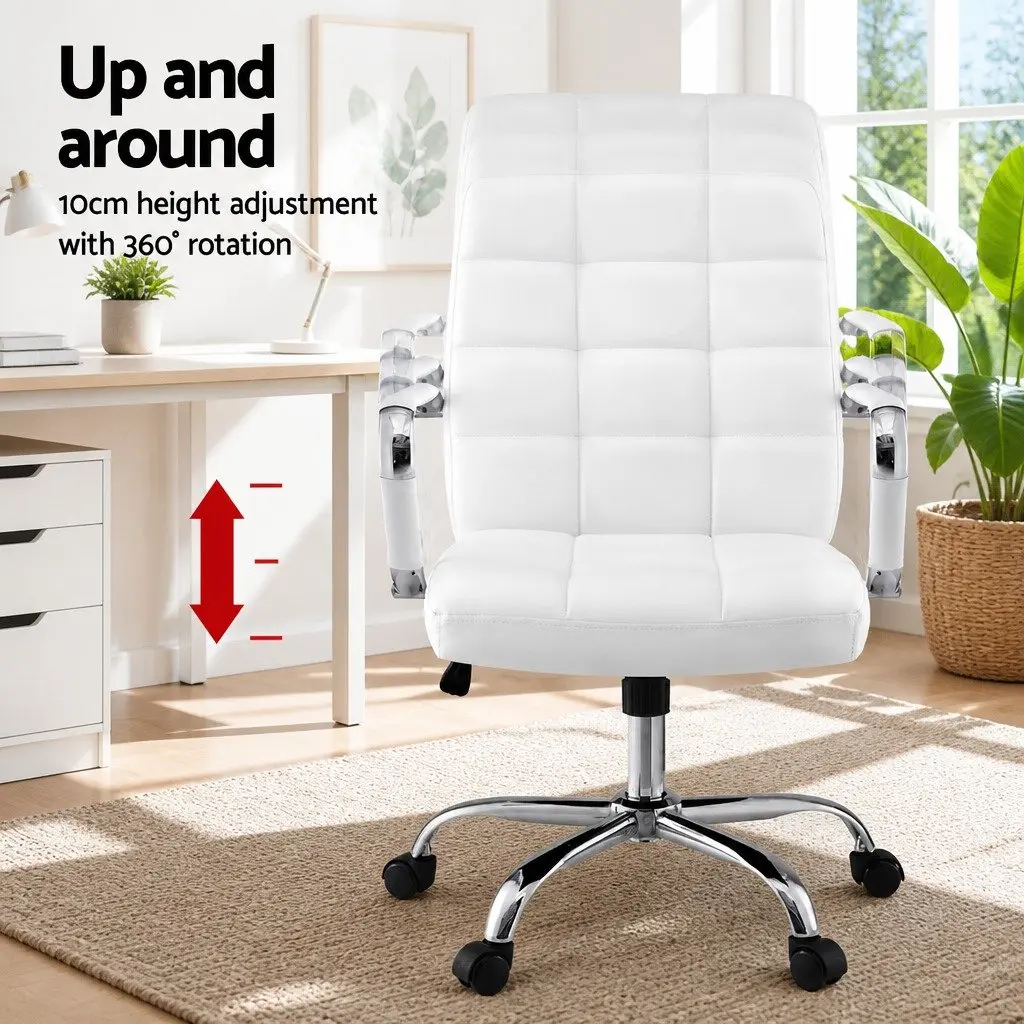 Office Chair White PU Leather Mid-Back Ergonomic Desk Seat