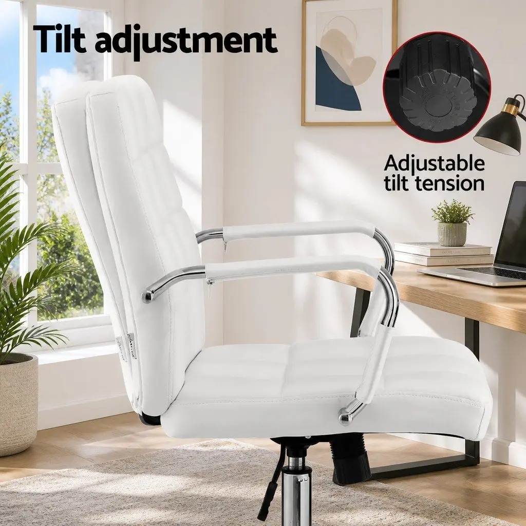 Office Chair White PU Leather Mid-Back Ergonomic Desk Seat