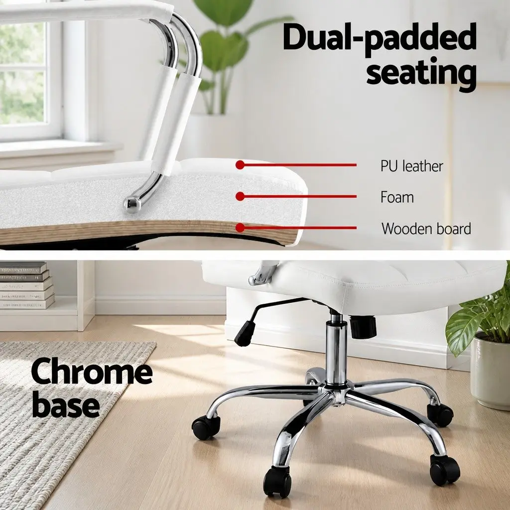 Office Chair White PU Leather Mid-Back Ergonomic Desk Seat