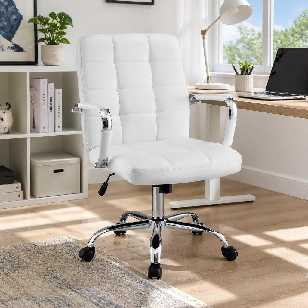Office Chair White PU Leather Mid-Back Ergonomic Desk Seat