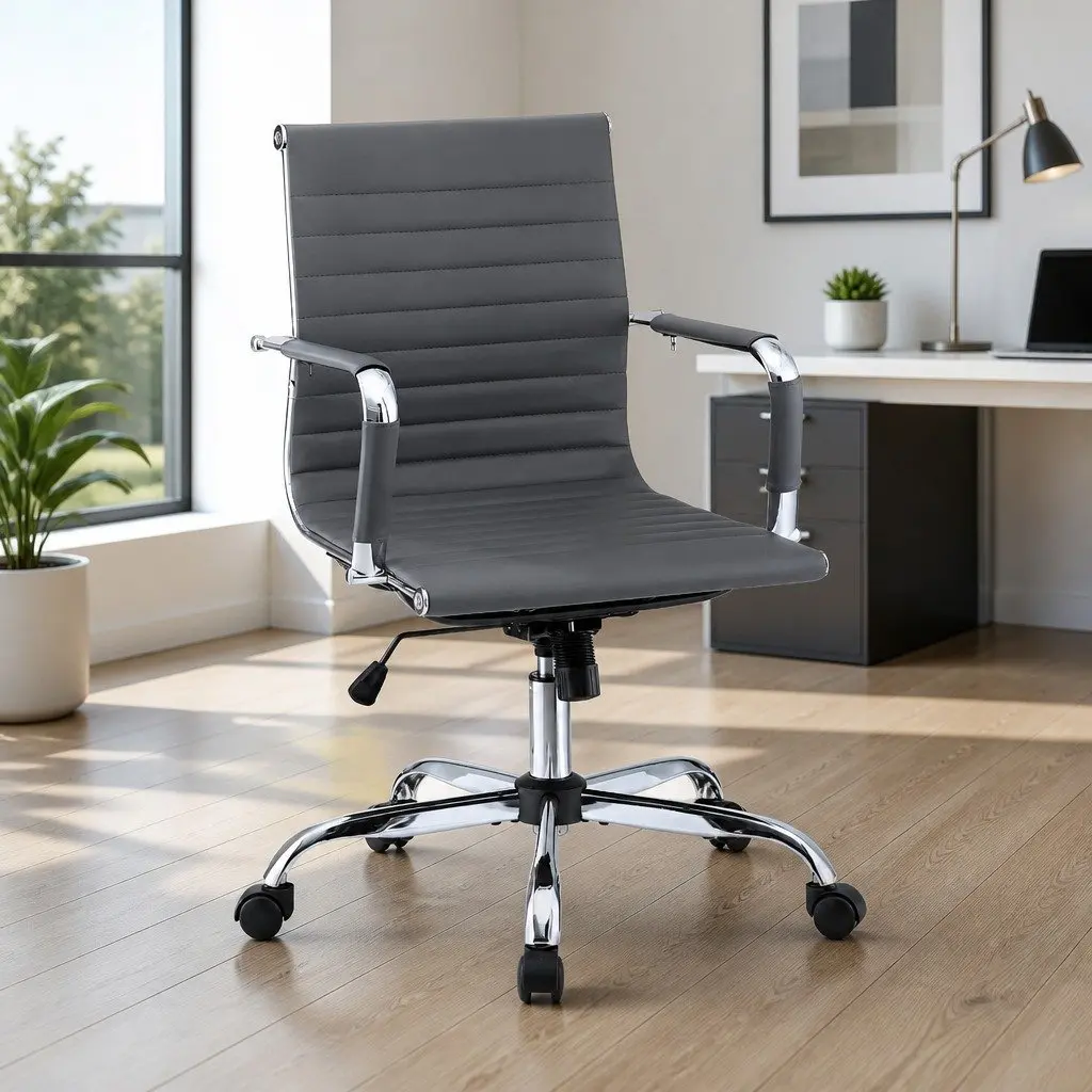 Mid Back Grey PU Leather Office Chair with Chrome Base