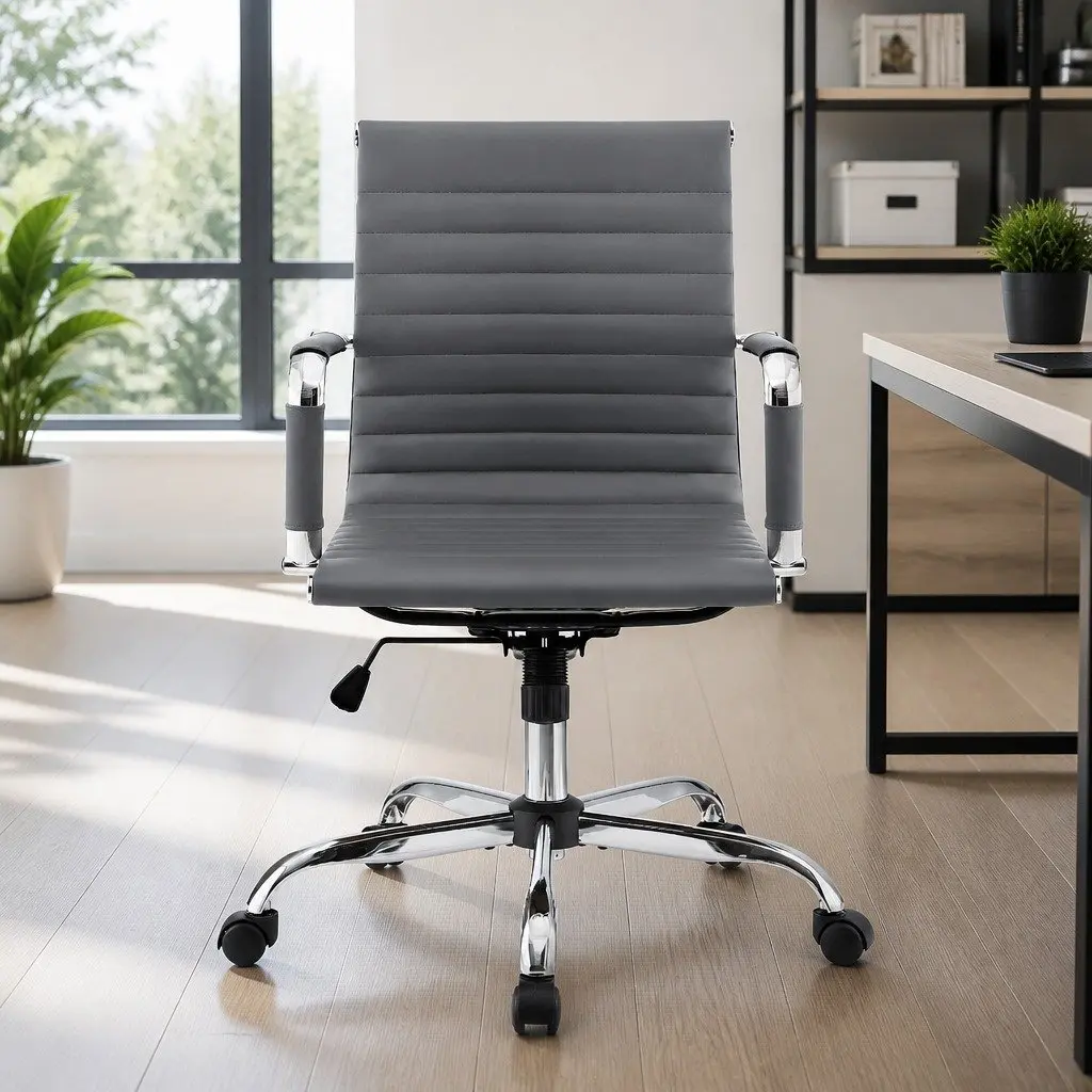 Mid Back Grey PU Leather Office Chair with Chrome Base