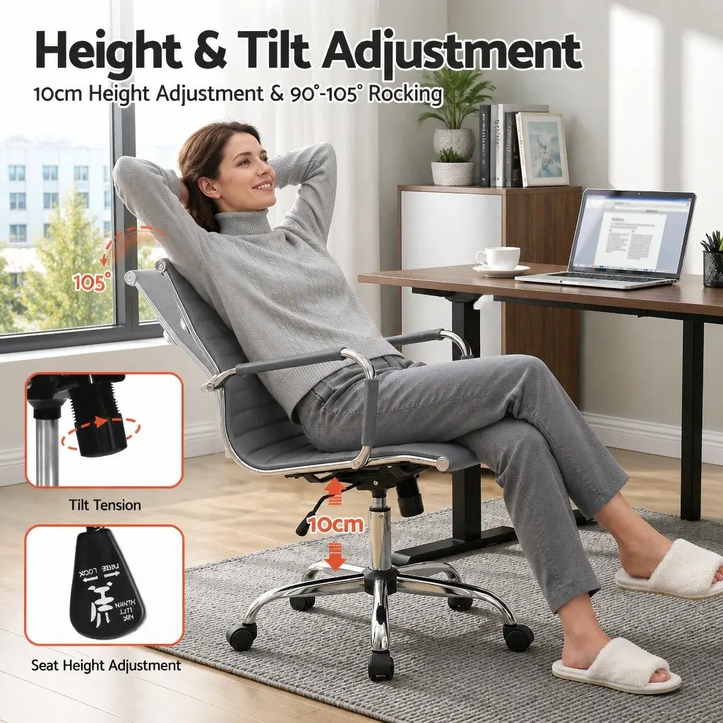 Mid Back Grey PU Leather Office Chair with Chrome Base