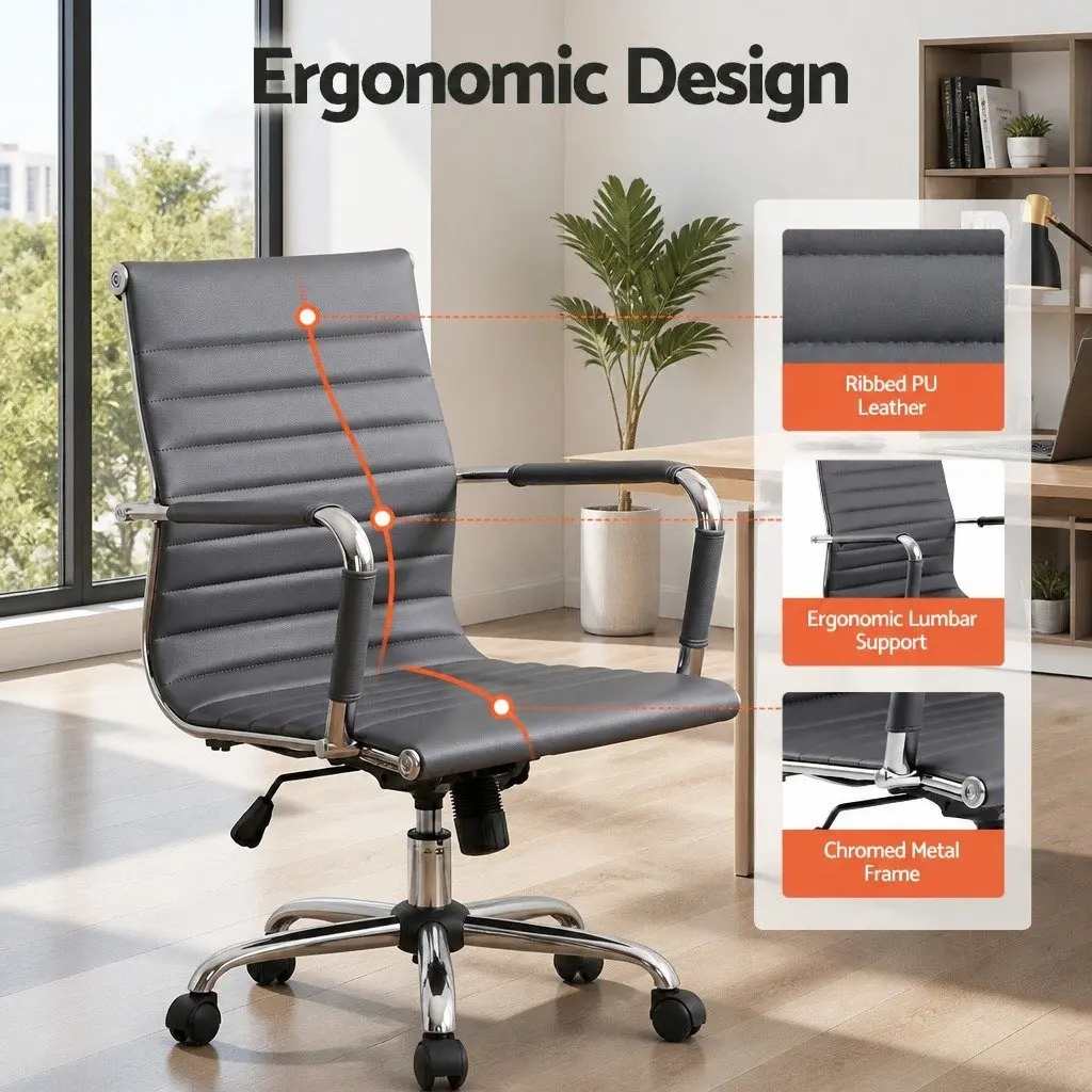 Mid Back Grey PU Leather Office Chair with Chrome Base