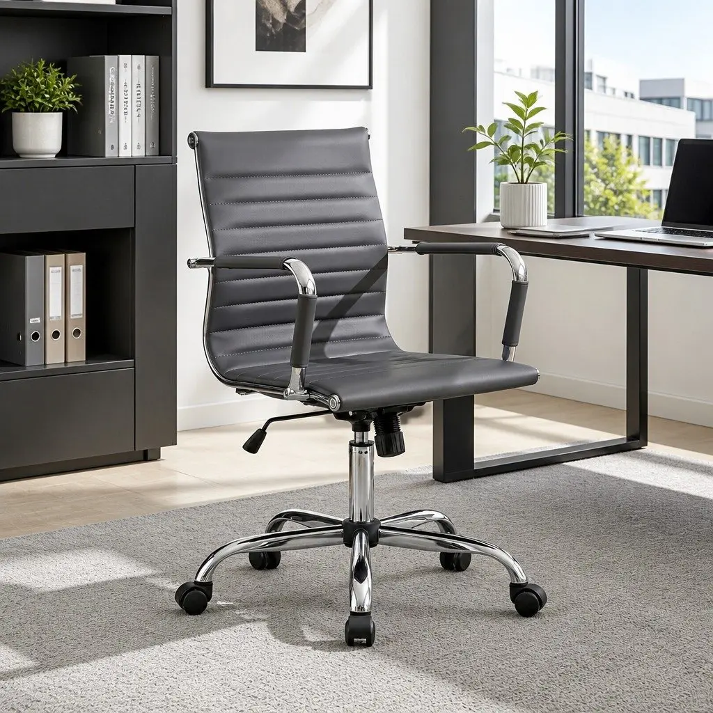 Mid Back Grey PU Leather Office Chair with Chrome Base