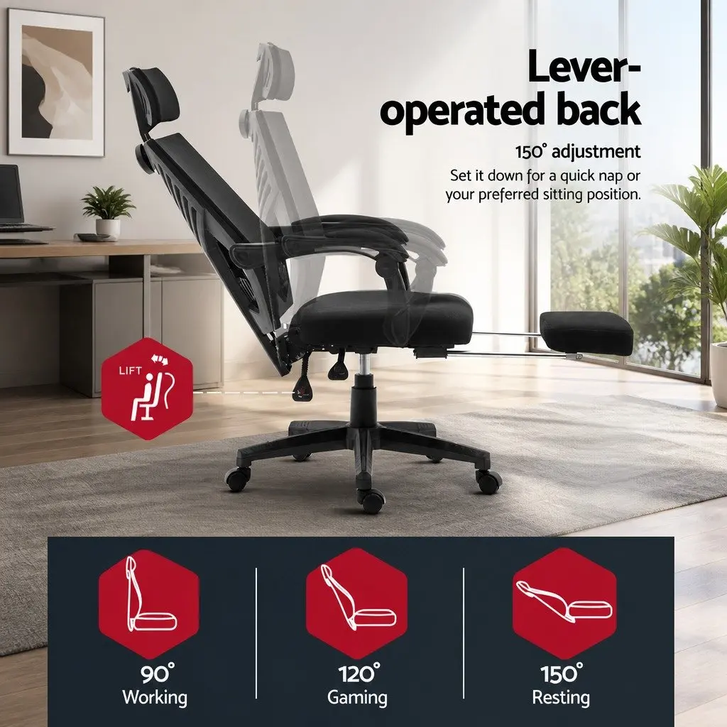 Mesh Office Chair Recliner Black High-Back Adjustable Headrest 150 Degree