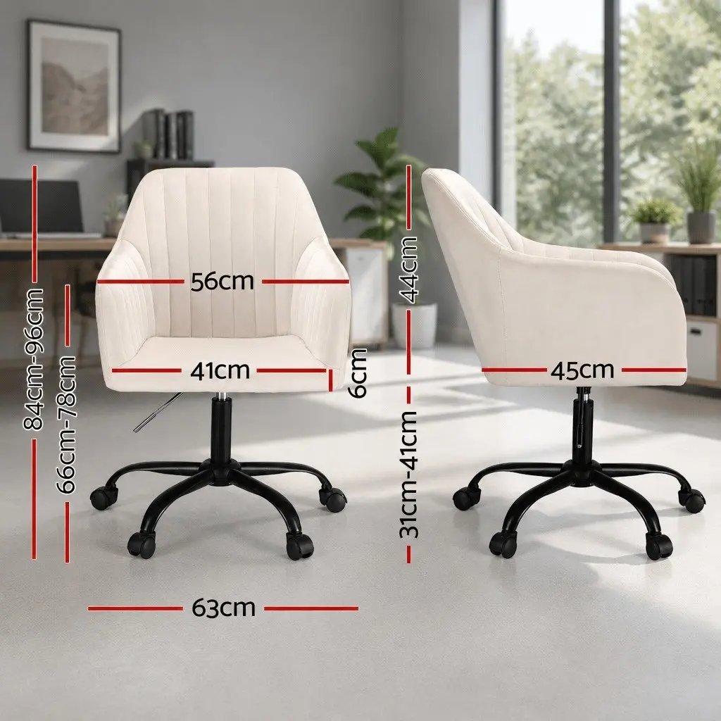Mid Back Office Chair Cream Velvet Seat with 360 Degree Swivel and Adjustable Height for Home or Office Use