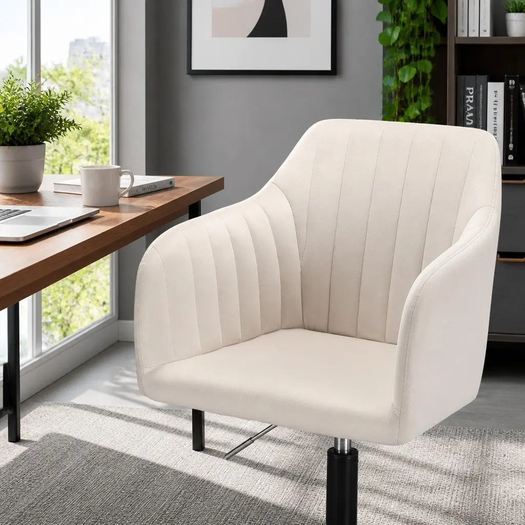 Mid Back Office Chair Cream Velvet Seat with 360 Degree Swivel and Adjustable Height for Home or Office Use