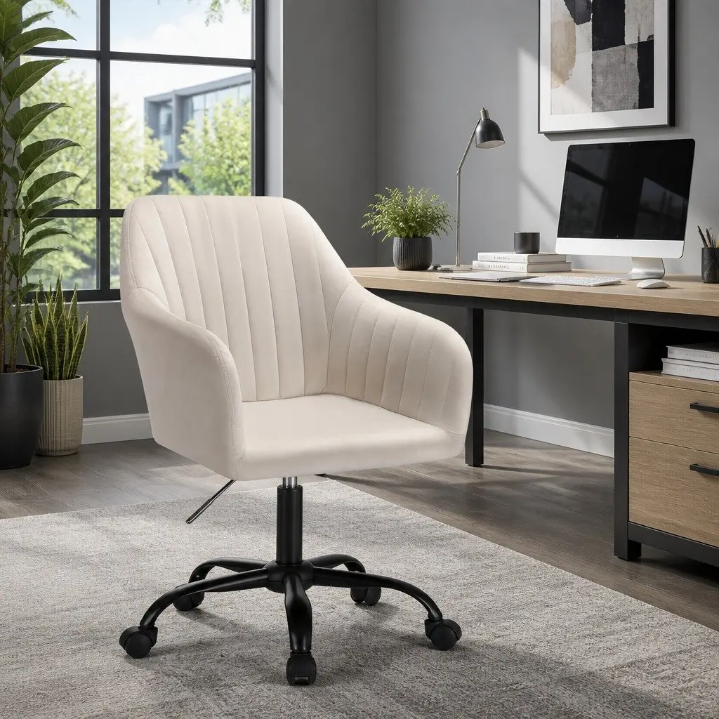 Mid Back Office Chair Cream Velvet Seat with 360 Degree Swivel and Adjustable Height for Home or Office Use