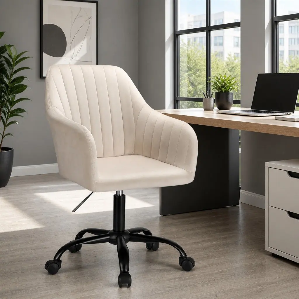 Mid Back Office Chair Cream Velvet Seat with 360 Degree Swivel and Adjustable Height for Home or Office Use