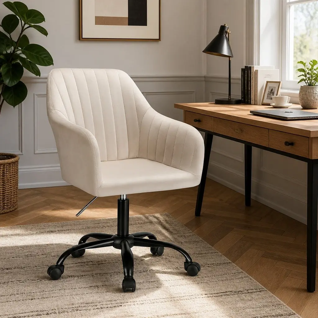 Mid Back Office Chair Cream Velvet Seat with 360 Degree Swivel and Adjustable Height for Home or Office Use