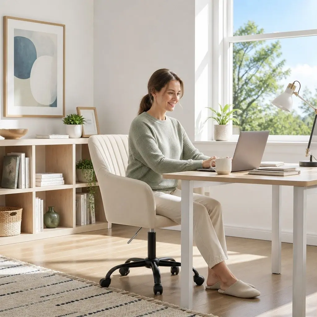 Mid Back Office Chair Cream Velvet Seat with 360 Degree Swivel and Adjustable Height for Home or Office Use
