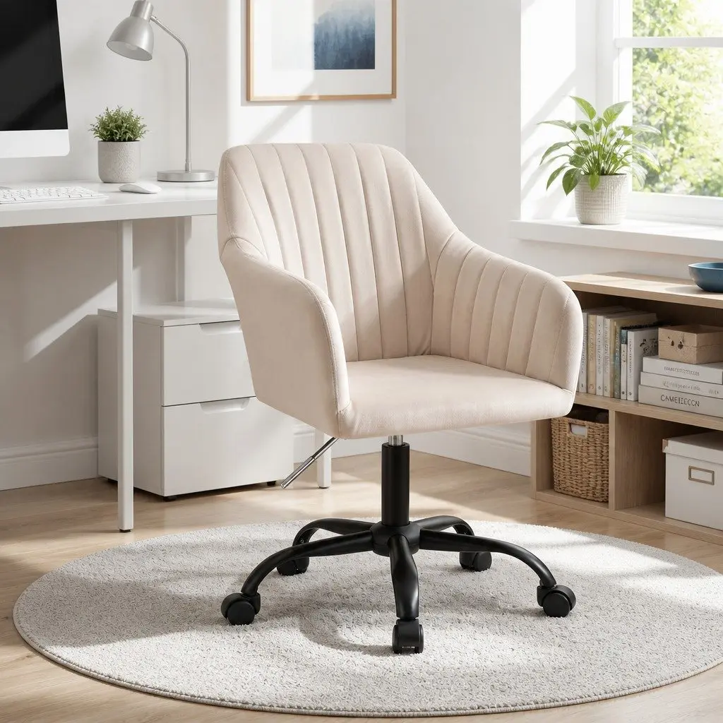Mid Back Office Chair Cream Velvet Seat with 360 Degree Swivel and Adjustable Height for Home or Office Use