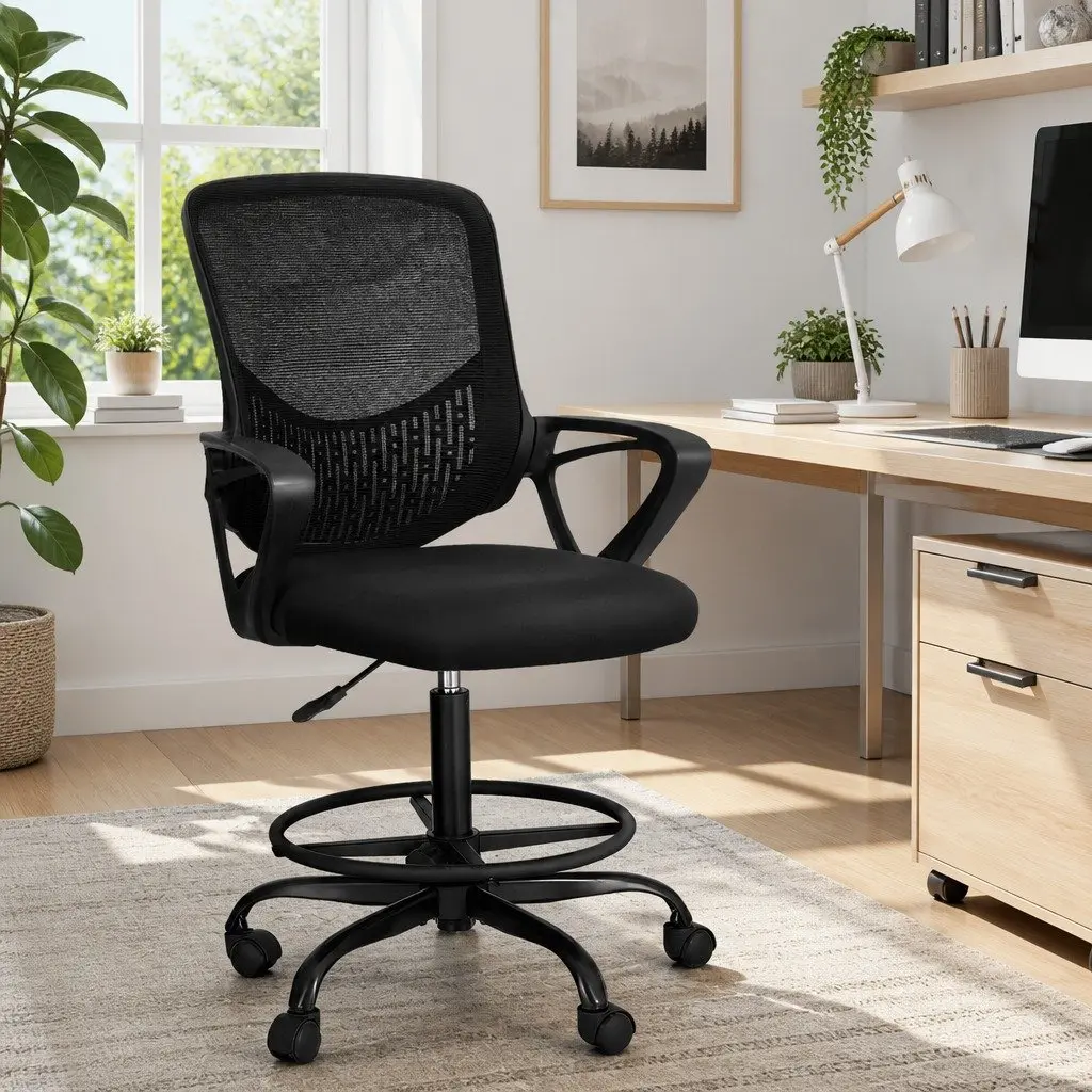 Drafting Stool Mesh Office Chair Standing Desk Computer Seat Black Adjustable