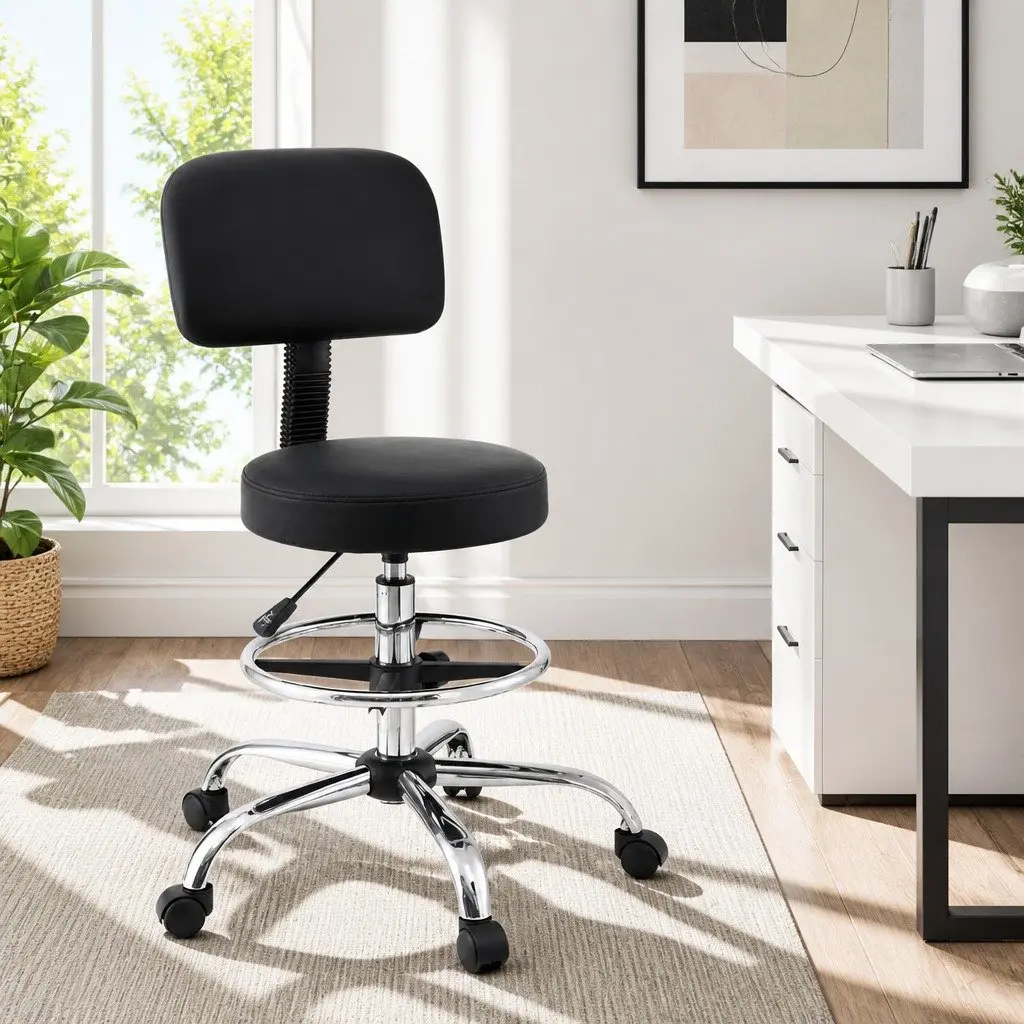 Office Drafting Chair Computer Standing Desk Ergonomic PU Swivel Black