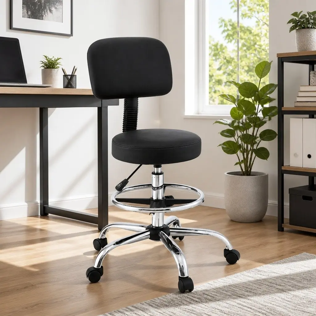 Office Drafting Chair Computer Standing Desk Ergonomic PU Swivel Black