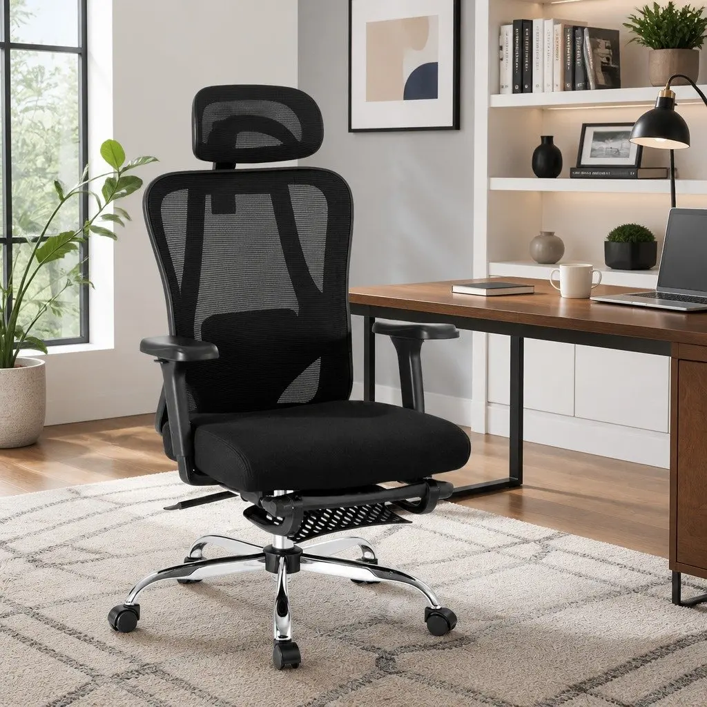 Ergonomic Mesh Office Chair for Home Office Black High Back Adjustable Lumbar Support with Footrest