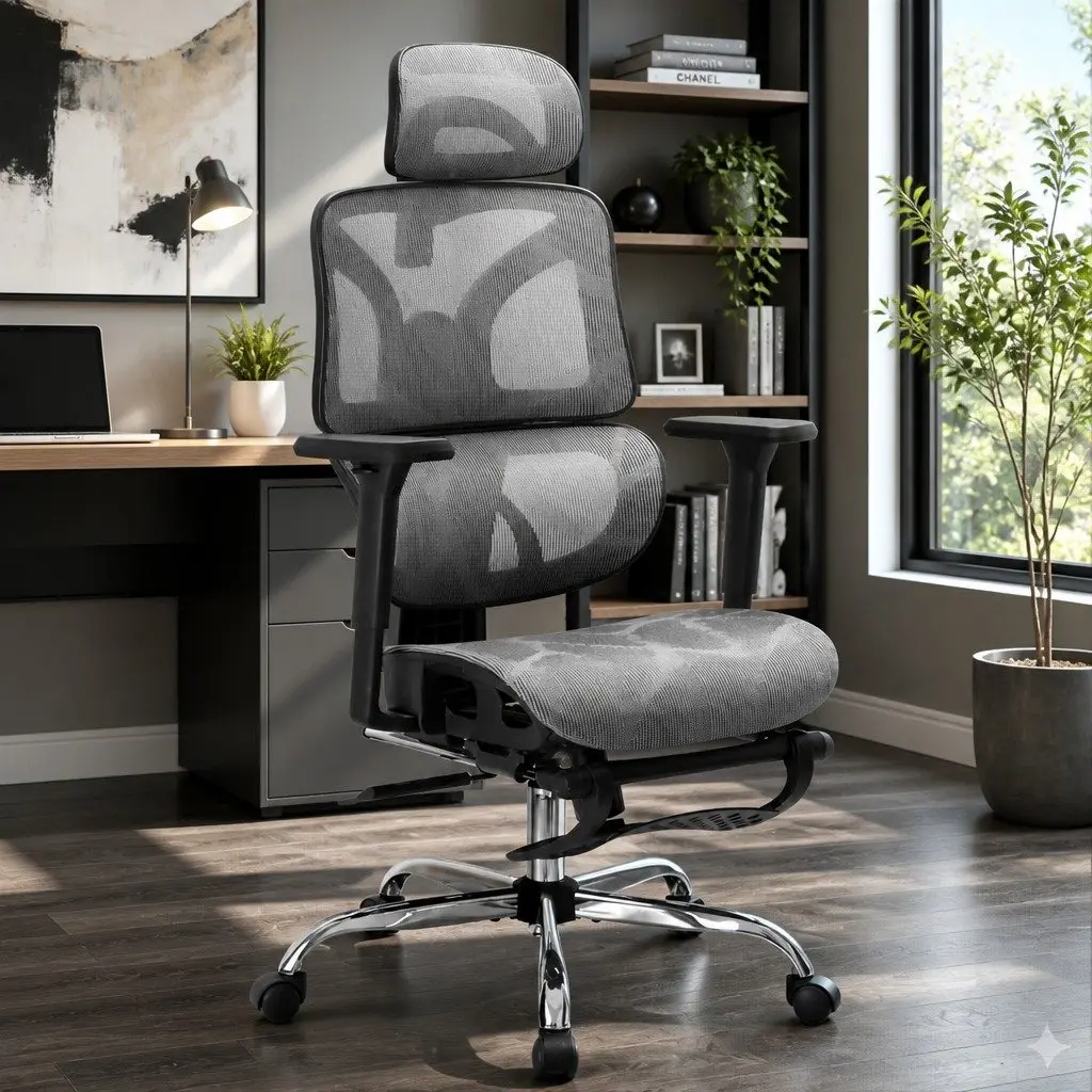 Ergonomic Office Chair for Home Office Grey High Back Mesh Adjustable Headrest
