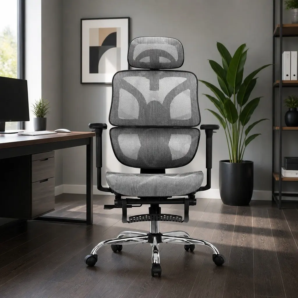 Ergonomic Office Chair for Home Office Grey High Back Mesh Adjustable Headrest