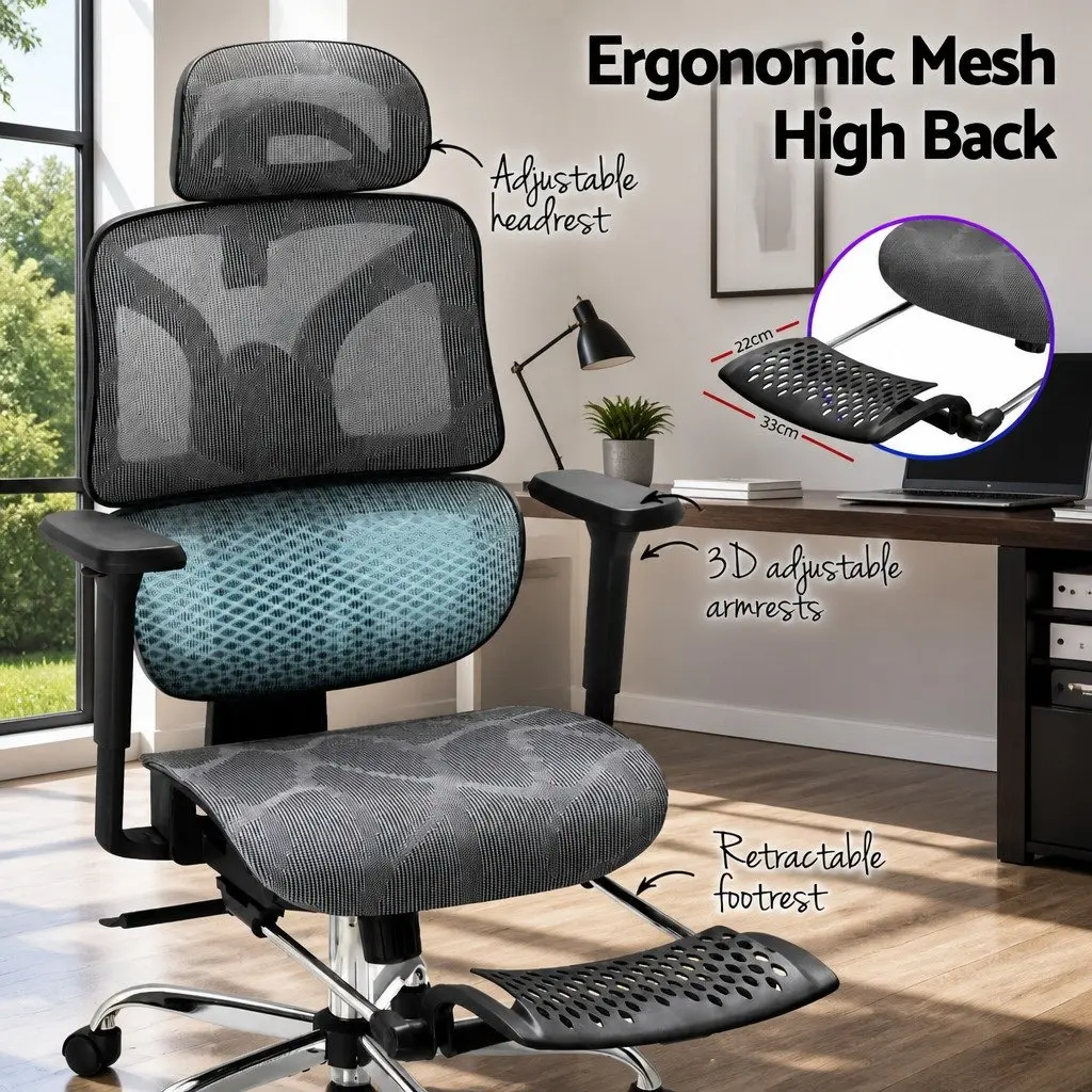 Ergonomic Office Chair for Home Office Grey High Back Mesh Adjustable Headrest