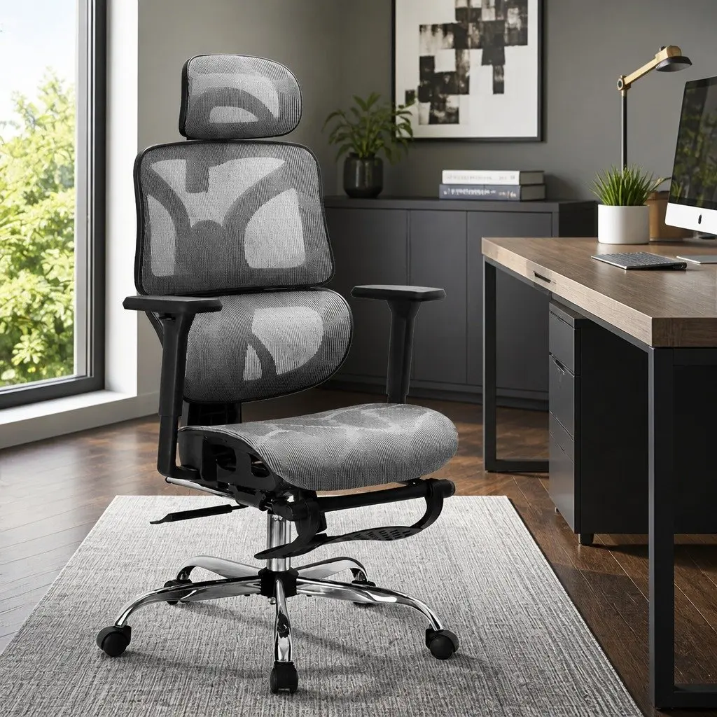Ergonomic Office Chair for Home Office Grey High Back Mesh Adjustable Headrest