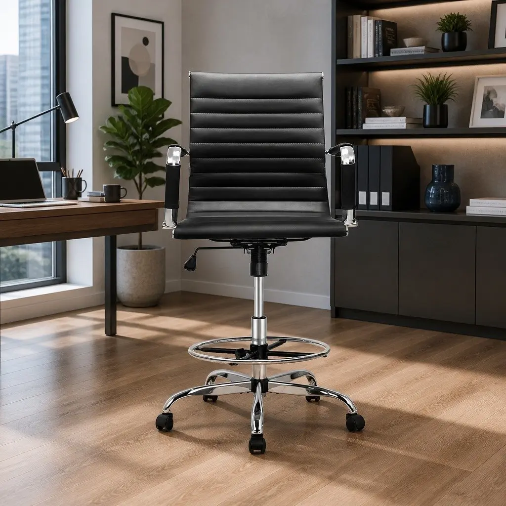 Office Drafting Stool Black PU Leather Chair Adjustable Height Rotatable Desk