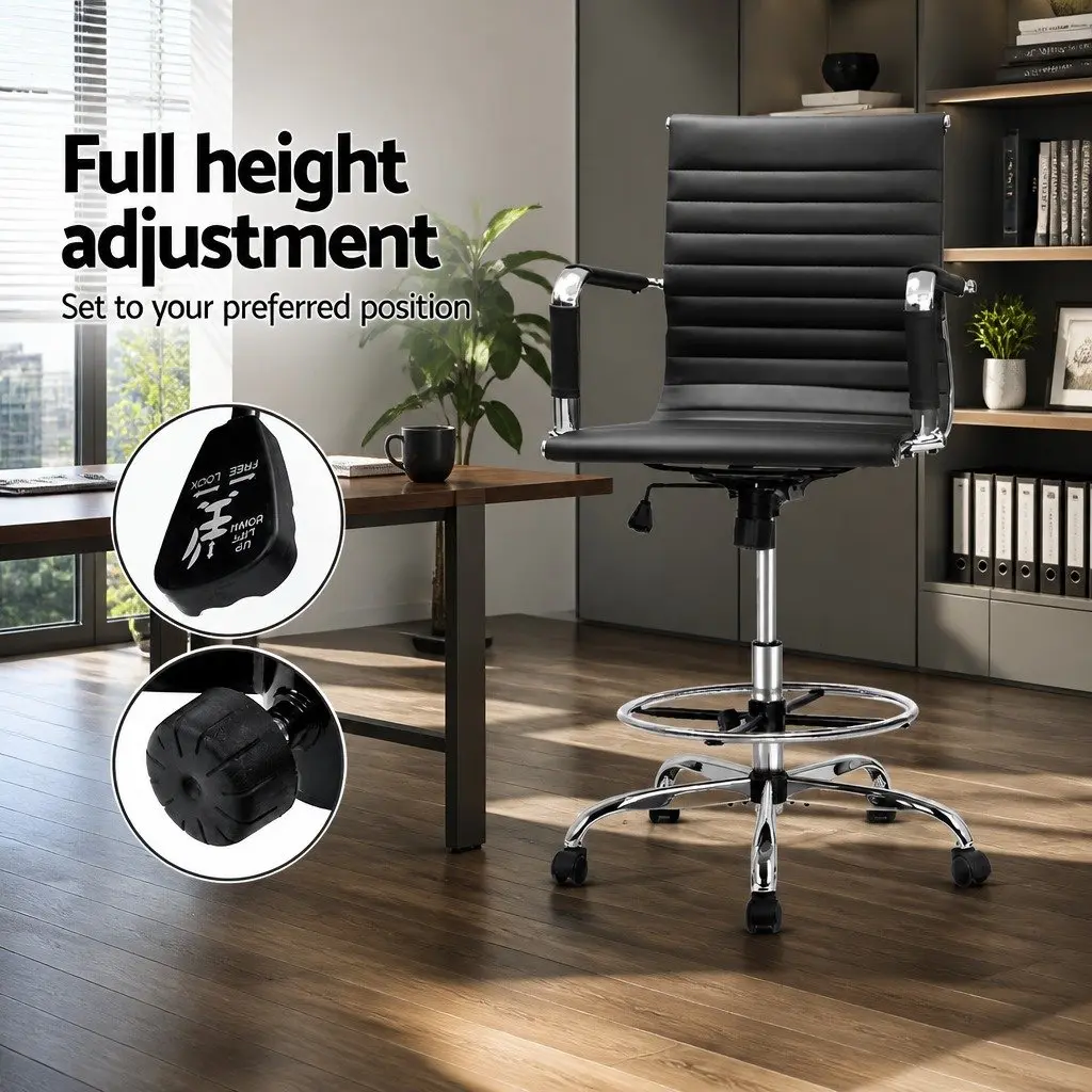 Office Drafting Stool Black PU Leather Chair Adjustable Height Rotatable Desk