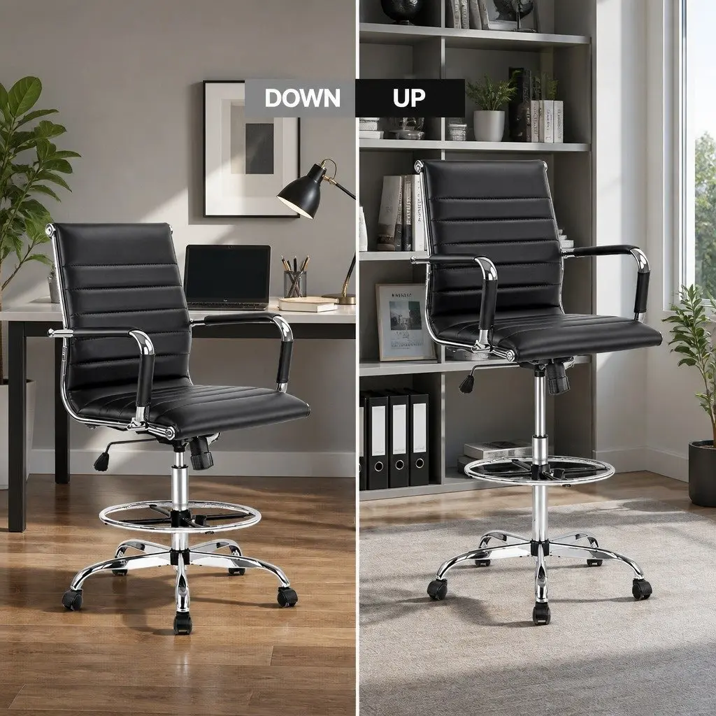 Office Drafting Stool Black PU Leather Chair Adjustable Height Rotatable Desk