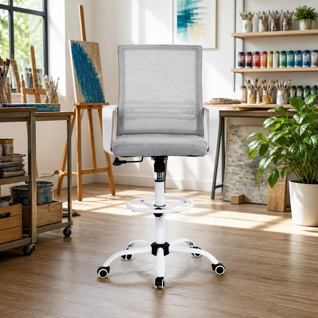 Office Drafting Chair Mesh Stool Height Adjustable Computer Desk Seat White