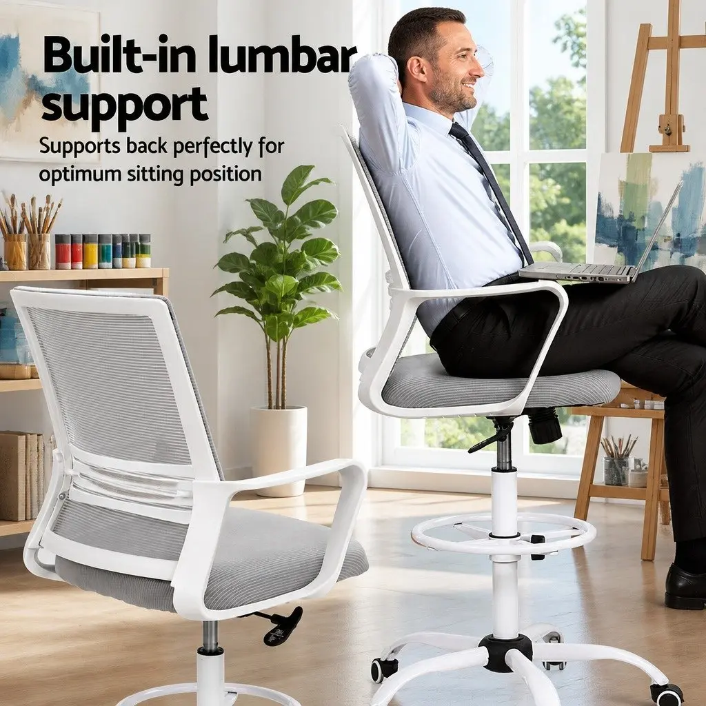 Office Drafting Chair Mesh Stool Height Adjustable Computer Desk Seat White