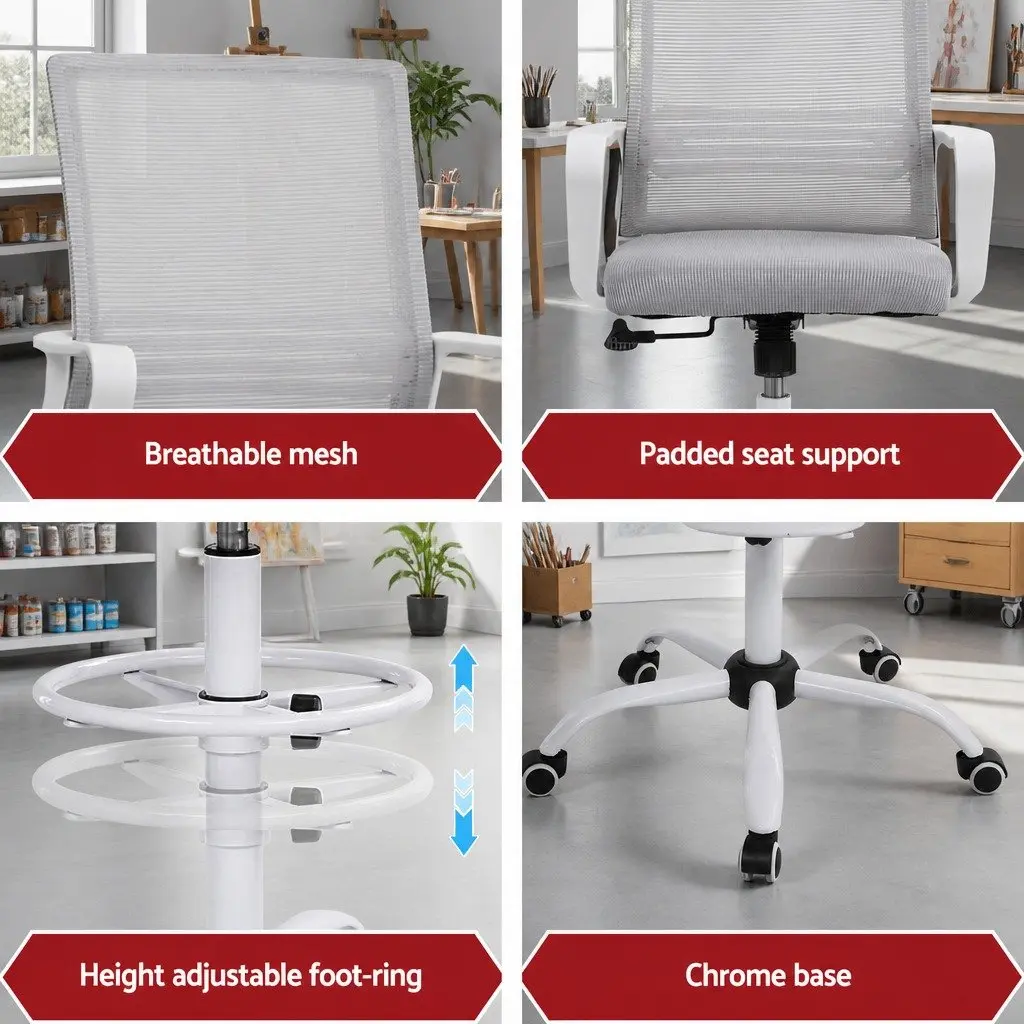 Office Drafting Chair Mesh Stool Height Adjustable Computer Desk Seat White