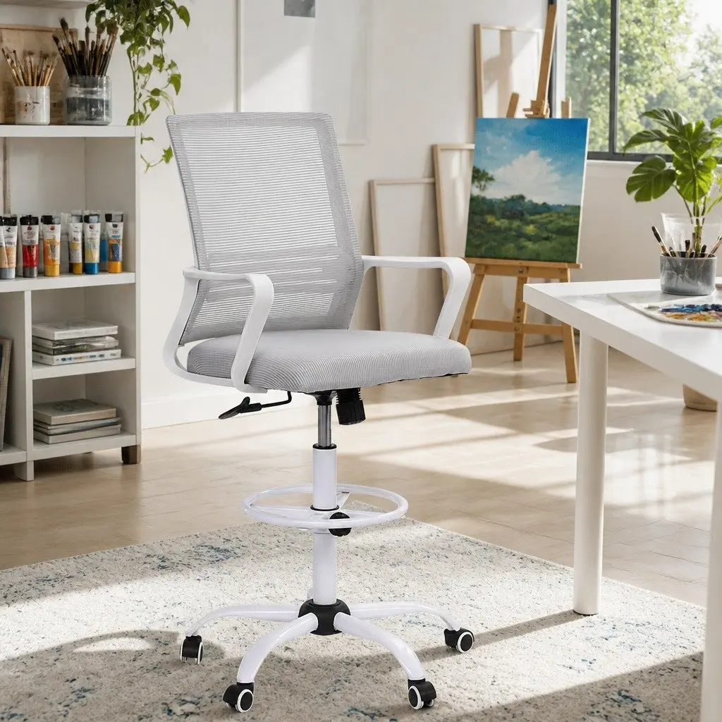 Office Drafting Chair Mesh Stool Height Adjustable Computer Desk Seat White