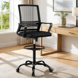 Black Adjustable Drafting Chair with Chrome Base and Mesh Seating