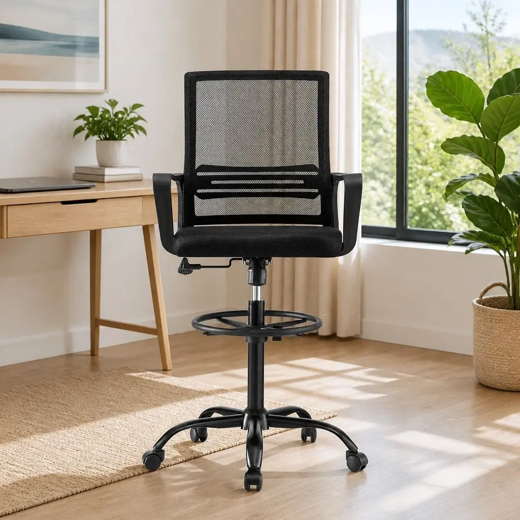 Black Adjustable Drafting Chair with Chrome Base and Mesh Seating