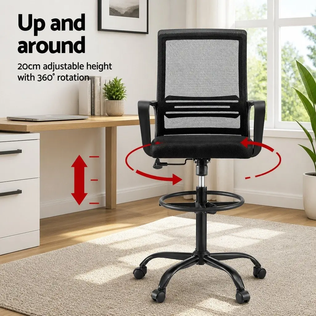 Black Adjustable Drafting Chair with Chrome Base and Mesh Seating