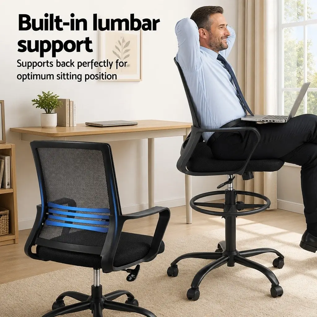 Black Adjustable Drafting Chair with Chrome Base and Mesh Seating