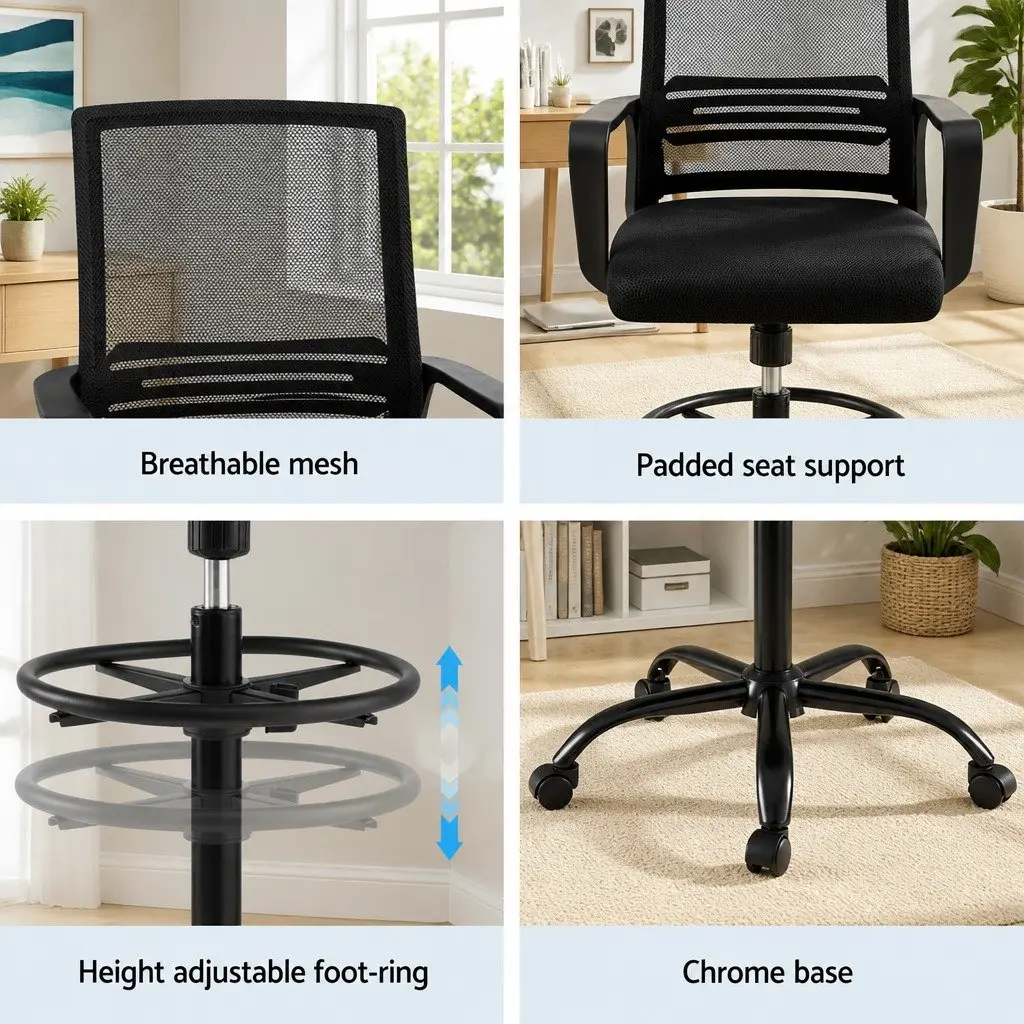 Black Adjustable Drafting Chair with Chrome Base and Mesh Seating