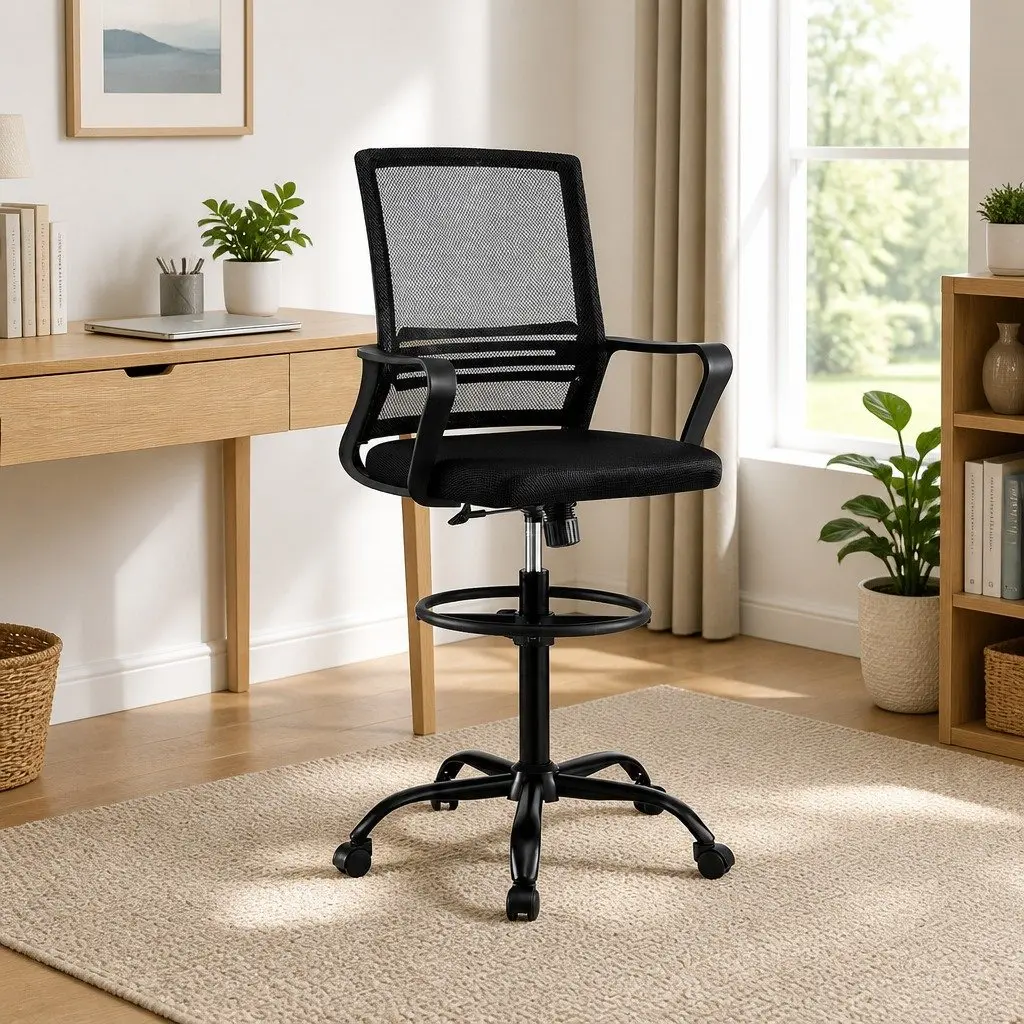Black Adjustable Drafting Chair with Chrome Base and Mesh Seating